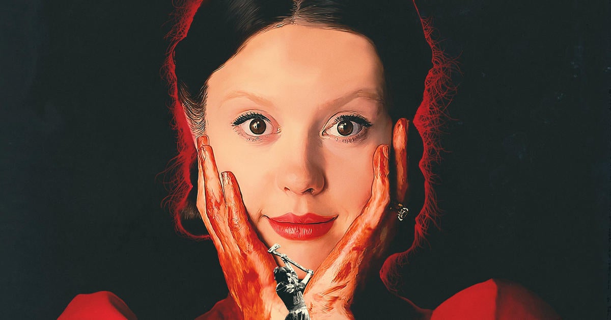 Colored image: at center, portrait of Mia Goth as Pearl. Her hands are bloody and are on her cheeks.