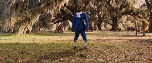 Picture of Django wearing blue 1800s garb on a cotton plantation